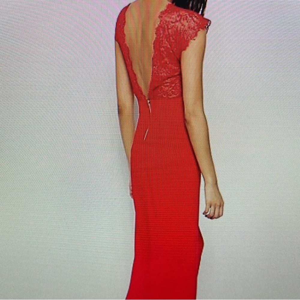 Elise Ryan Red Sleeveless Laced Sheer Maxi Occasion Dress